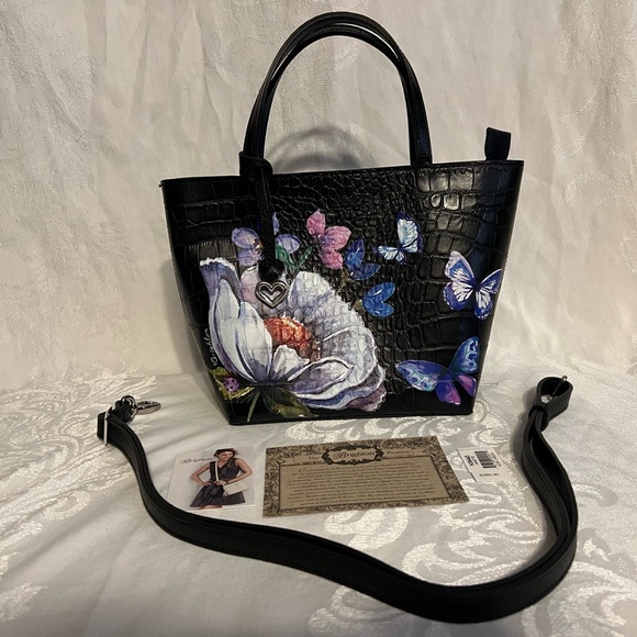 Brighton “Janette” leather mini tote bag “Noir Jardin” with butterflies - Picture 1 of 8